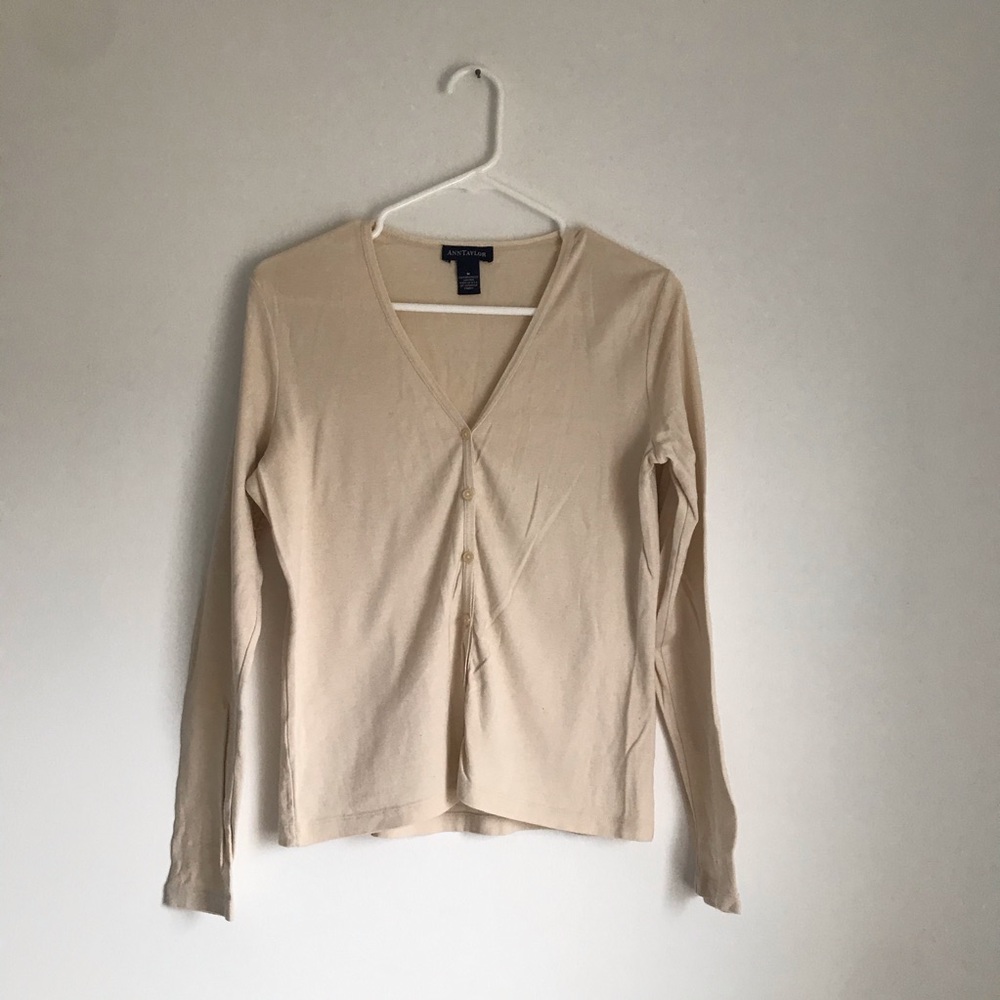 Ann Taylor Beige Button Up V-neck Cardigan - M